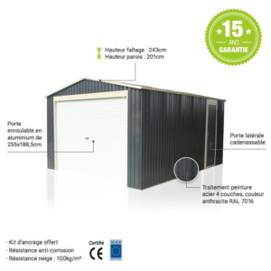 Garage métal anthracite 19,52m² porte enroulable + kit d’ancrage