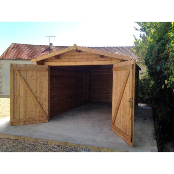Garage en Bois Massif 40mm Traité Teinté Marron Gardy Shelter