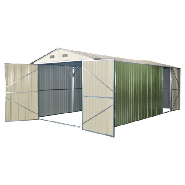 Garage double portes vert pâle et crème 18m² + kit d’ancrage X-METAL